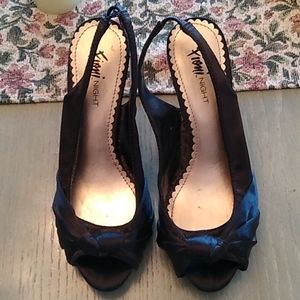 NWT Black Satin, peep-toe heels by Fioni Night, size 6